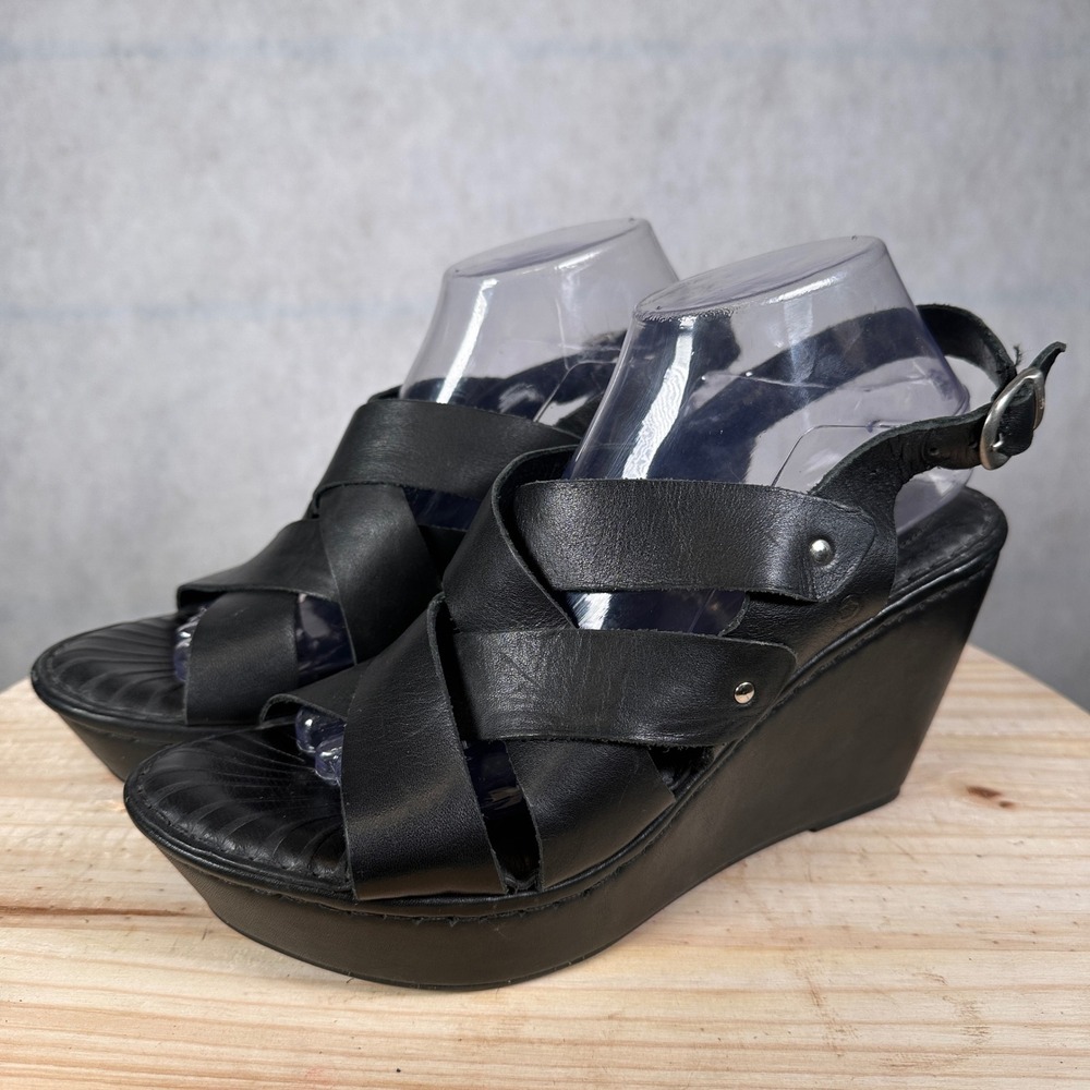 Born Wedge Sandals Womens 10 Black Leather Good Strappy Platform Slingback
